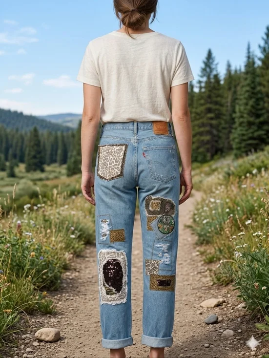 LEVI Button Fly 501 32x34 Upcycled Patchwork Jeans By ThreadsReclaimed - Picture 2 of 16